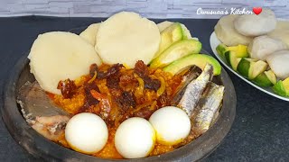 1st Class🇬🇭Yam Ampesie and Gargen Eggs Dip Abomu Stew With Salted FishSardines Avocados ampPrawns [upl. by Haroved746]