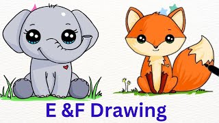 E for elephant and F for Fox 🦊 drawing for kids and toddler  Elephant and Fox easy drawing [upl. by Tarsus]