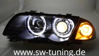 Angel Eye Scheinwerfer für 3er BMW E46 LimTouring 9801 High LED Standlichtringe black SWTuning [upl. by Elletsyrc]