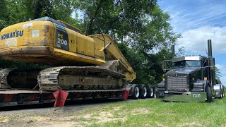 hauling KOMATSU excavator RGN lowboy trucking  Kenworth with LOUD 8in straight pipes [upl. by Lammond471]