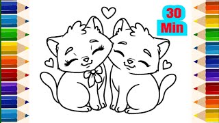 kitty Cats Coloring Page Valentine Drawing Painting and Coloring for kids [upl. by Okiron]