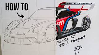 How to DRAW a PORSCHE 911 GT3 R RENNSPORT  Step by Step [upl. by Martyn]