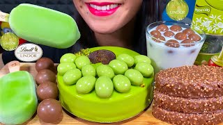 ASMR PISTACHIO MOUSSE CAKE LINDT CHOCOLATE KINDER MAXI KING ICE CREAM MASSIVE eating sounds [upl. by Weihs551]