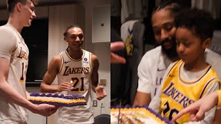 Lakers locker room surprise Spencer Dinwiddie with birthday cake [upl. by Innor619]