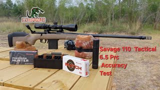 Savage 110 Tactical 65 Prc Accuracy Test Hornady Factory Ammo vs Reloads with Retumbo Powder [upl. by Haig]