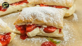 Blätterteig mit Erdbeeren und KäsekuchenFüllung  IN 30 MINUTEN FERTIG I Rezept [upl. by Dielu]