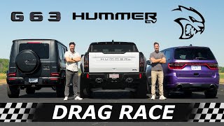 2022 Hummer EV vs Durango Hellcat vs MercedesAMG G63  DRAG amp ROLL RACE [upl. by Ettenowtna]