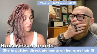 She puts Overtone on her grey hair  Hairdresser reacts to hair fails [upl. by Greenlee]