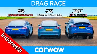 Model S vs 3 vs X  Tesla Performance DRAG RACE ROLLING RACE amp TES PENGEREMAN [upl. by Htrag455]