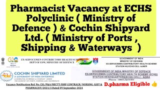 Pharmacist Vacancy at ECHS Polyclinic amp Cochin Shipyard Ltd  Diploma Candidate Eligible [upl. by Ragouzis]