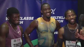 Freddie Crittenden Hansle Parchment And Cordell Tinch React To 100m To Zurich Hurdles Interview [upl. by Vogele]