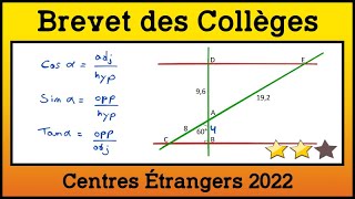 Brevet Centres Étrangers 2022  Utiliser Pythagore Thalès et la Trigonométrie  Exercice 3 [upl. by Leidba]