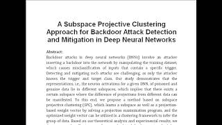 A Subspace Projective Clustering Approach for Backdoor Attack Detection and Mitigation in Deep Neura [upl. by Bonucci591]