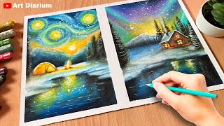 Aurora Night drawing with Oil Pastels for beginners  StepbyStep [upl. by Yarehs836]