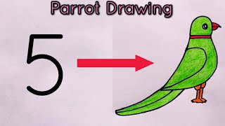 How to draw parrot drawing from number 5  Parrot Drawing Easy  parrot drawing with Colour [upl. by Dorahs772]