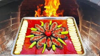 DELICIOUS TRADITIONAL TURKISH RECIPE  quotKARNIYARIKquot STONE OVEN WOOD FIRE ASMR DIY [upl. by Ahserkal]