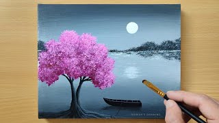 Black amp White Landscape Painting for Beginners  Cherry Blossom  Acrylic Painting Technique [upl. by Ysor663]