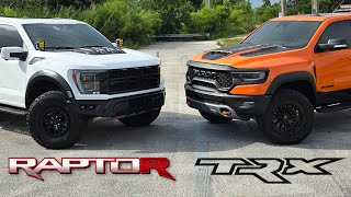 Ford Raptor R Vs RAM TRX  Direct Comparison Review amp Drag Race [upl. by Hareehat]