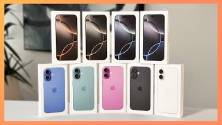 iPhone 16 amp 16 Pro ALL COLORS Unboxing and Comparison [upl. by Ezeerb918]