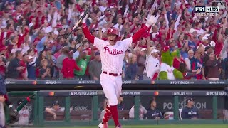 MASSIVE HOMERS FROM PHILLIES Rhys Hoskins then Bryce Harper GO DEEP in same inning of NLDS Game 3 [upl. by Attirehs]