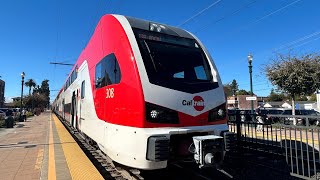 Caltrain Stadler KISS EMU 308 passing at Burlingame station south [upl. by Bradwell425]