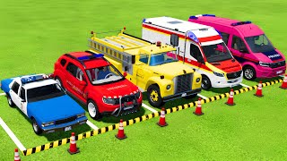 POLICE CARS FIRE BRIGADE AMBULANCE EMERGENCY VEHICLES TRANSPORTING WITH MAN TRUCKS  FS22 [upl. by Zanas]