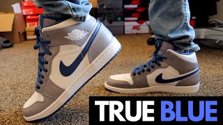 Jordan 1 Mid True Blue Unboxing  On Feet [upl. by Hyams]