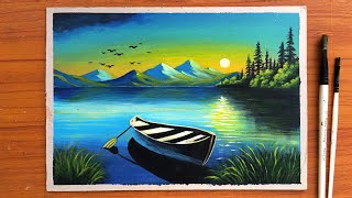 Sunset Lake Scene Painting on Canvas  Acrylic Painting for beginners [upl. by Wilow]