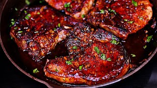 One Pan Honey Garlic Pork Chops Recipe [upl. by Yeldud]