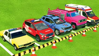 TRANSPORTING POLICE CARS AMBULANCE and FIRE ENGINES WITH TRUCKS  Farming Simulator 22 [upl. by Gavini]