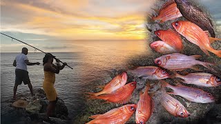 Fishing On The Rocks At Westend Negril With Friends  Lots Of WrenchmanSquirrel Fish Caught [upl. by Nnylacissej]