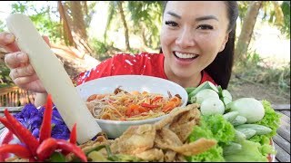 MAKING PAPAYA SALAD  VEGGIES FROM THE GARDEN MUKBANG OUTSIDE  SASVlogs [upl. by Hadeehuat]