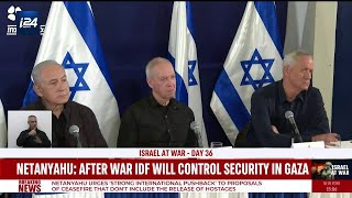 Netanyahu Gallant Gantz discuss quotpost Hamas eraquot in joint press conference [upl. by Atinot590]