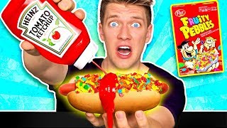 WEIRD Food Combinations People LOVE HOT DOG amp FRUITY PEBBLES Eating Funky Gross DIY Candy Foods [upl. by Repmek]