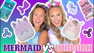 UNICORN 🦄🌈 VS MERMAID 🧜🏼‍♀️💦 FIDGET SLIME amp SQUISHMALLOW SHOPPING CHALLENGE [upl. by Bihas493]