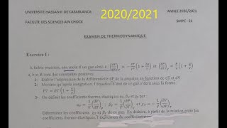 Thermodynamique S1 SMPC Correction de examen 20202021 FSAC [upl. by Lauralee]