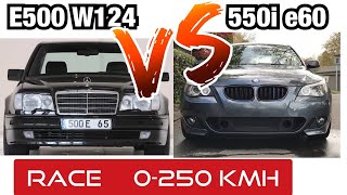 E500 W124 VS BMW 550i e60  old vs new  0100  0200  0250 kmh  PS Hugo [upl. by Kiefer]