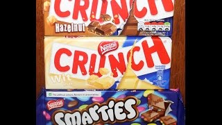 Nestle Crunch White amp Hazelnut and Smarties Candy Bar Review [upl. by Anahsek]