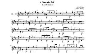 Silvius Leopold Weiss  Allemande  Sonata No 34 in D Minor  Score Video [upl. by Eyeleen]