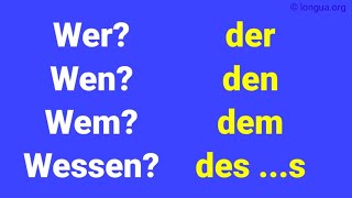 Deutsch Nominativ Akkusativ Dativ Genitiv Fall Wer Wen Wem Wessen der den dem des [upl. by Nnayram]