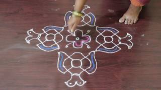 Easy and Simple Gandaberunda design Rangoli  Two headed Bird Rangoli Design with 124 Dots [upl. by Dierdre]