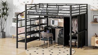 Full Size Metal Loft Bed with Table Set and Wardrobe [upl. by Stilla]