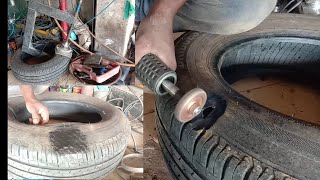 Tubeless tyre cut repair vulcanizing  Tyre puncture repair [upl. by Alakim610]