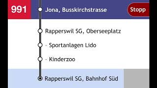 Stadtbus RapperswilJona  VZO Ansagen  991 Jona Bahnhof – Südquartier – Rapperswil Bahnhof Süd [upl. by Retsub]