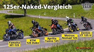 125erVergleich  Aprilia Tuono 125 KTM 125 Duke Motron Nomad 125 Yamaha MT125 Zontes ZT 125 U [upl. by Ahsot]