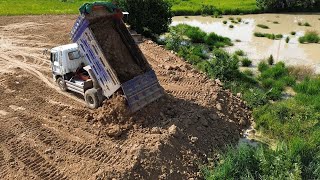 Update Project By KOMATSU D31P Bulldozer Pushing Land And Dump Truck Working Near The Canal [upl. by Imelida]