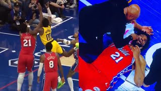 Joel Embiid injured AGAIN after taking hard hit to the face vs Pacers 😳 [upl. by Trubow57]