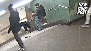 Drunk hooligan viciously kicks woman down subway stairs  New York Post [upl. by Lotti]