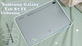 samsung galaxy tab S7 FE unboxing 2022  mystic green 128gb WiFi only aesthetic amp ASMR ♡ [upl. by Lyris]