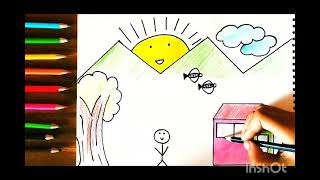 Easy coloring for kids  How to draw and colour  Easy scenery using shapes  simple drawing [upl. by Assena886]